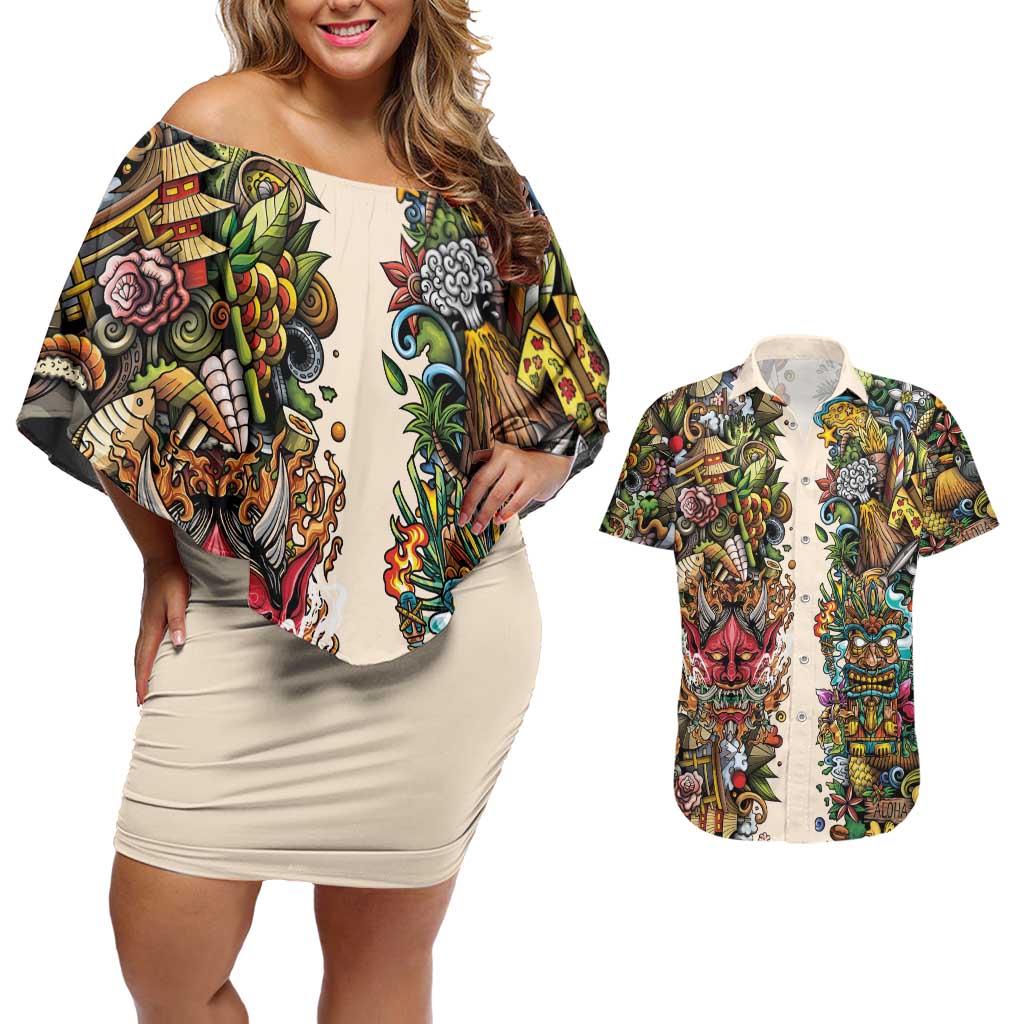 Hawaii And Japan Couples Matching Off Shoulder Short Dress and Hawaiian Shirt Tiki With Oni Mask LT05 Colorful - Polynesian Pride