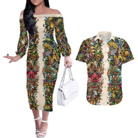 Hawaii And Japan Couples Matching Off The Shoulder Long Sleeve Dress and Hawaiian Shirt Tiki With Oni Mask LT05 Colorful - Polynesian Pride