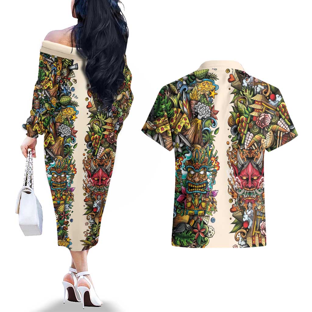 Hawaii And Japan Couples Matching Off The Shoulder Long Sleeve Dress and Hawaiian Shirt Tiki With Oni Mask LT05 - Polynesian Pride