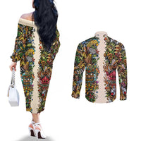 Hawaii And Japan Couples Matching Off The Shoulder Long Sleeve Dress and Long Sleeve Button Shirt Tiki With Oni Mask - Polynesian Pride