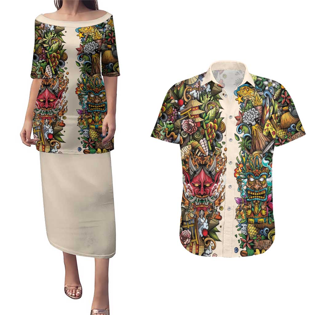 Hawaii And Japan Couples Matching Puletasi and Hawaiian Shirt Tiki With Oni Mask LT05 Colorful - Polynesian Pride