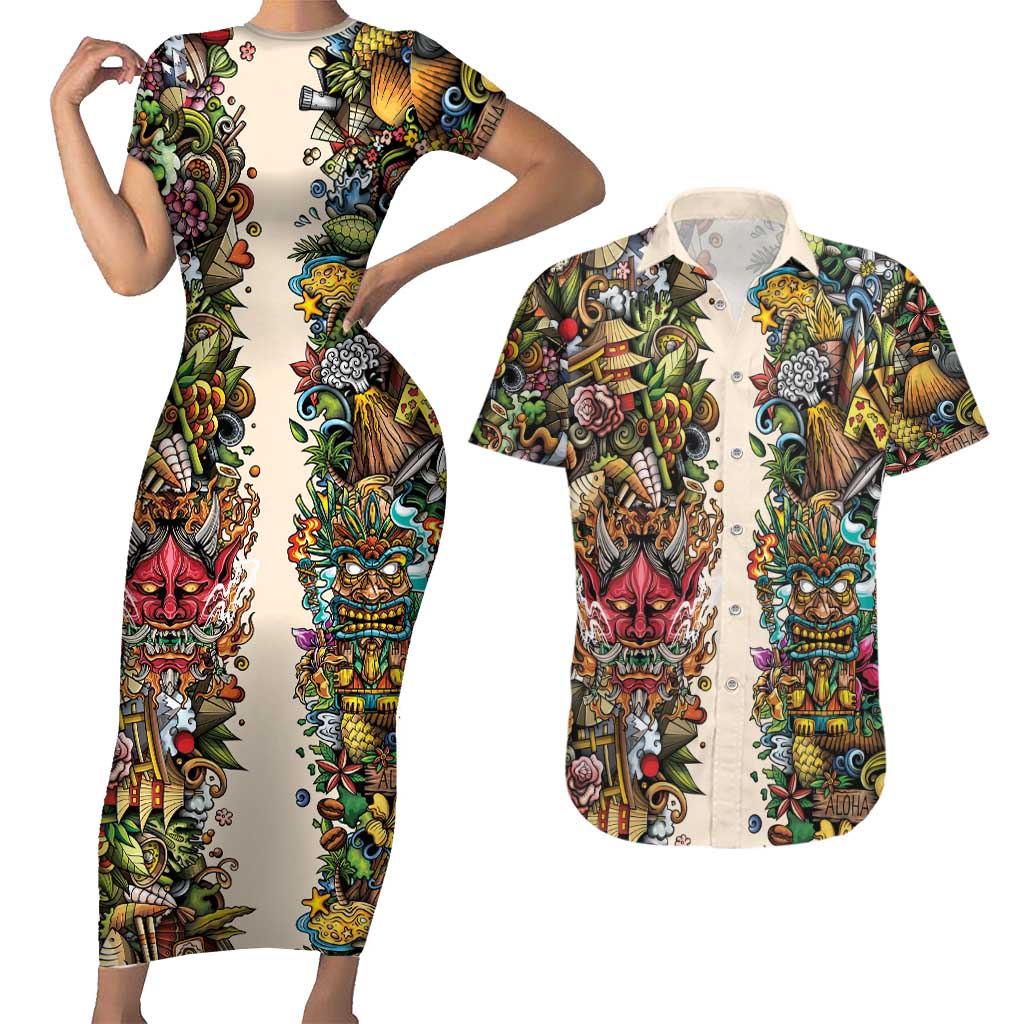Hawaii And Japan Couples Matching Short Sleeve Bodycon Dress and Hawaiian Shirt Tiki With Oni Mask - Polynesian Pride