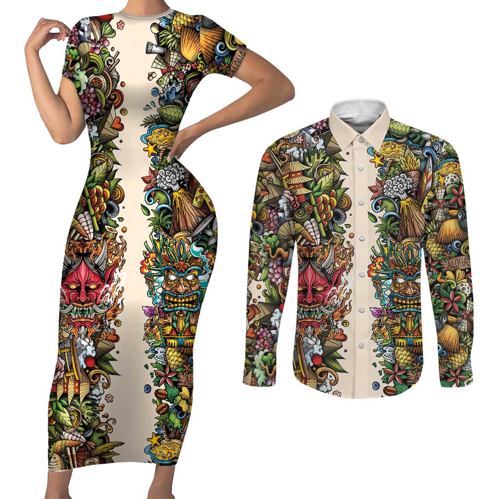 Hawaii And Japan Couples Matching Short Sleeve Bodycon Dress and Long Sleeve Button Shirt Tiki With Oni Mask LT05 Colorful - Polynesian Pride