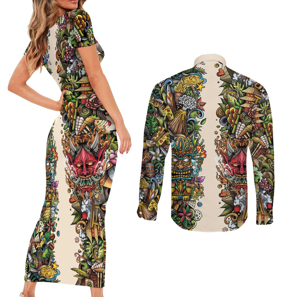 Hawaii And Japan Couples Matching Short Sleeve Bodycon Dress and Long Sleeve Button Shirt Tiki With Oni Mask LT05 - Polynesian Pride