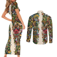 Hawaii And Japan Couples Matching Short Sleeve Bodycon Dress and Long Sleeve Button Shirt Tiki With Oni Mask LT05 - Polynesian Pride