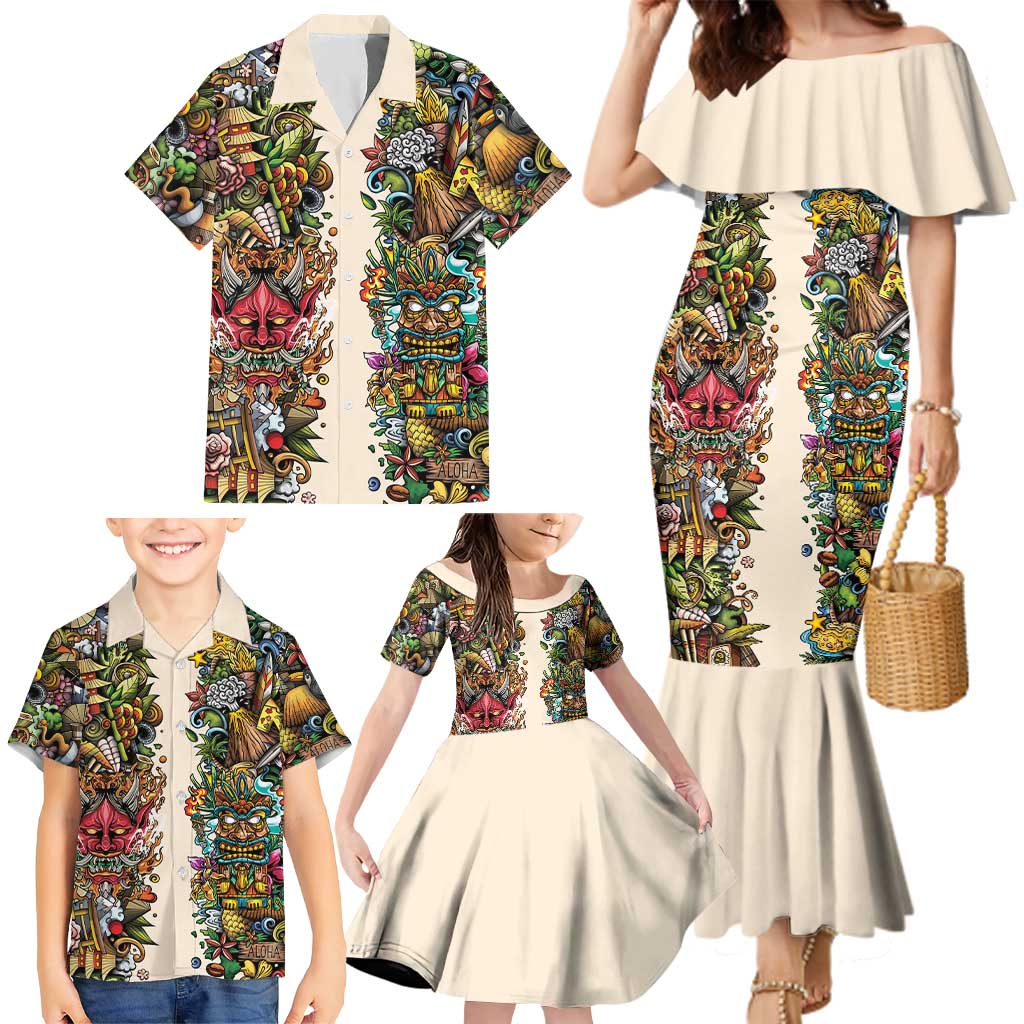 Hawaii And Japan Family Matching Mermaid Dress and Hawaiian Shirt Tiki With Oni Mask LT05 - Polynesian Pride