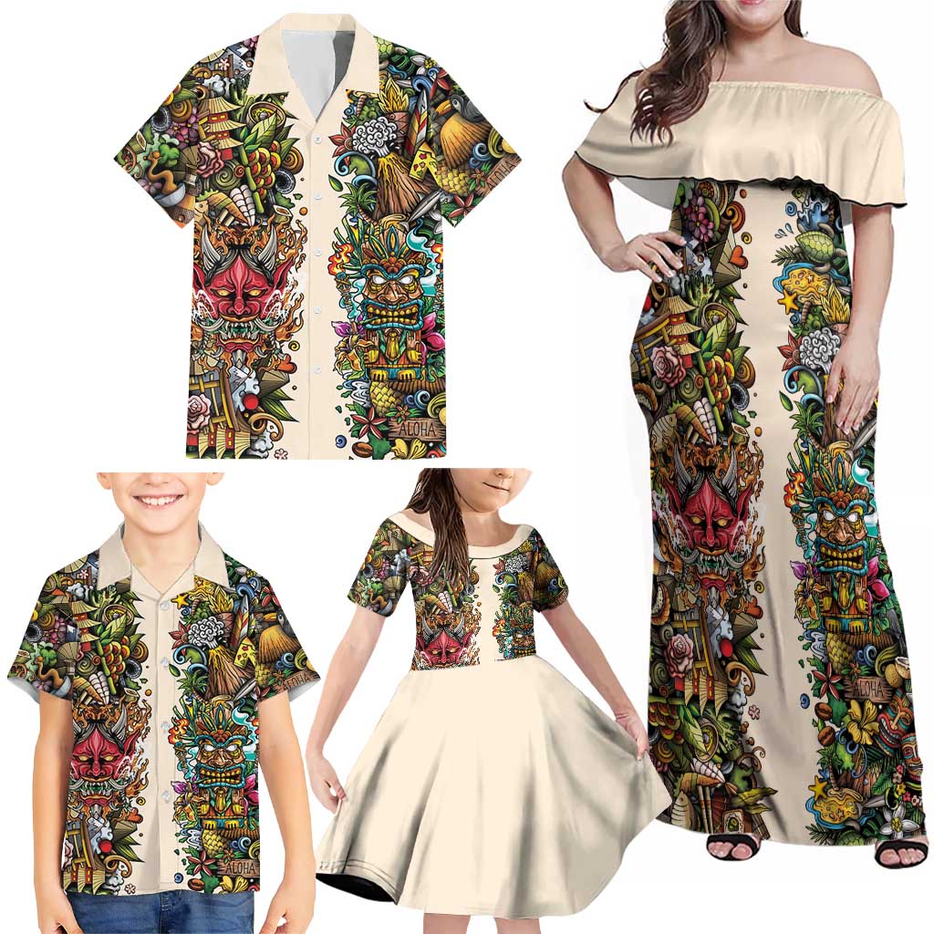 Hawaii And Japan Family Matching Off Shoulder Maxi Dress and Hawaiian Shirt Tiki With Oni Mask LT05 - Polynesian Pride