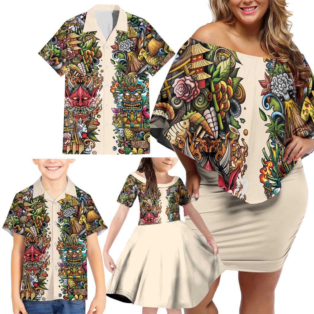 Hawaii And Japan Family Matching Off Shoulder Short Dress and Hawaiian Shirt Tiki With Oni Mask LT05 - Polynesian Pride
