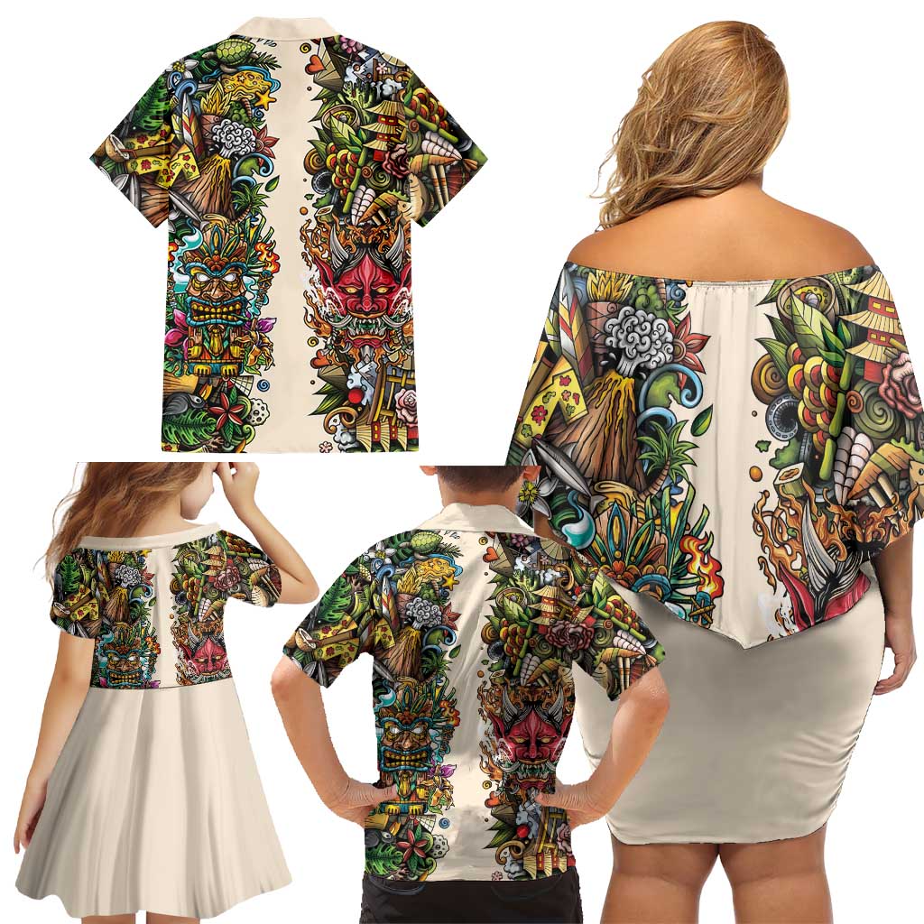 Hawaii And Japan Family Matching Off Shoulder Short Dress and Hawaiian Shirt Tiki With Oni Mask LT05 - Polynesian Pride