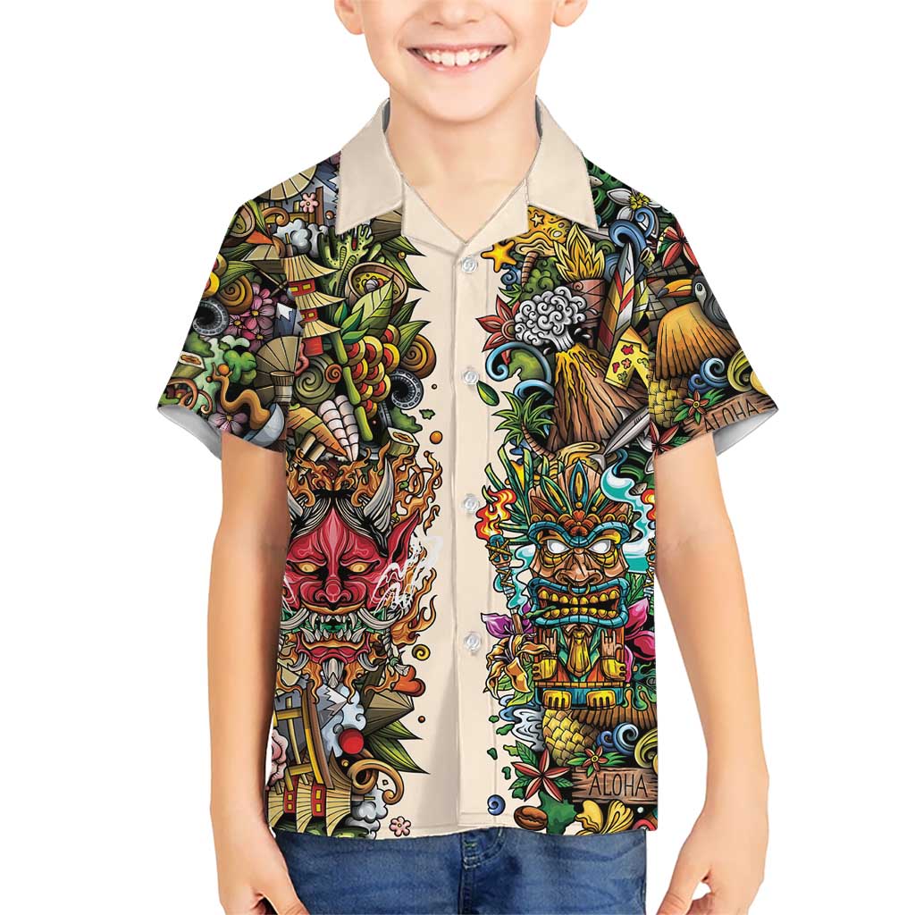 Hawaii And Japan Family Matching Puletasi and Hawaiian Shirt Tiki With Oni Mask LT05 Son's Shirt Colorful - Polynesian Pride