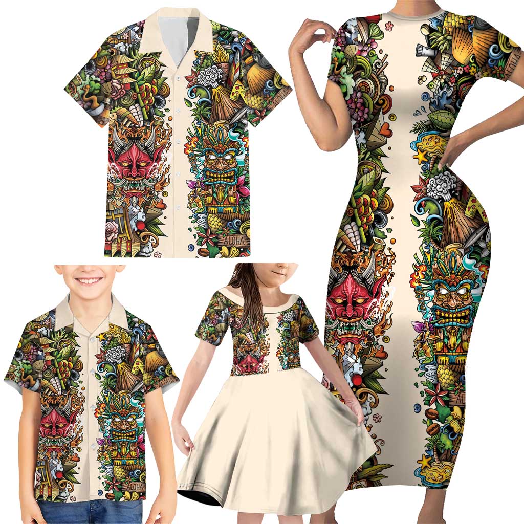 Hawaii And Japan Family Matching Short Sleeve Bodycon Dress and Hawaiian Shirt Tiki With Oni Mask LT05 - Polynesian Pride