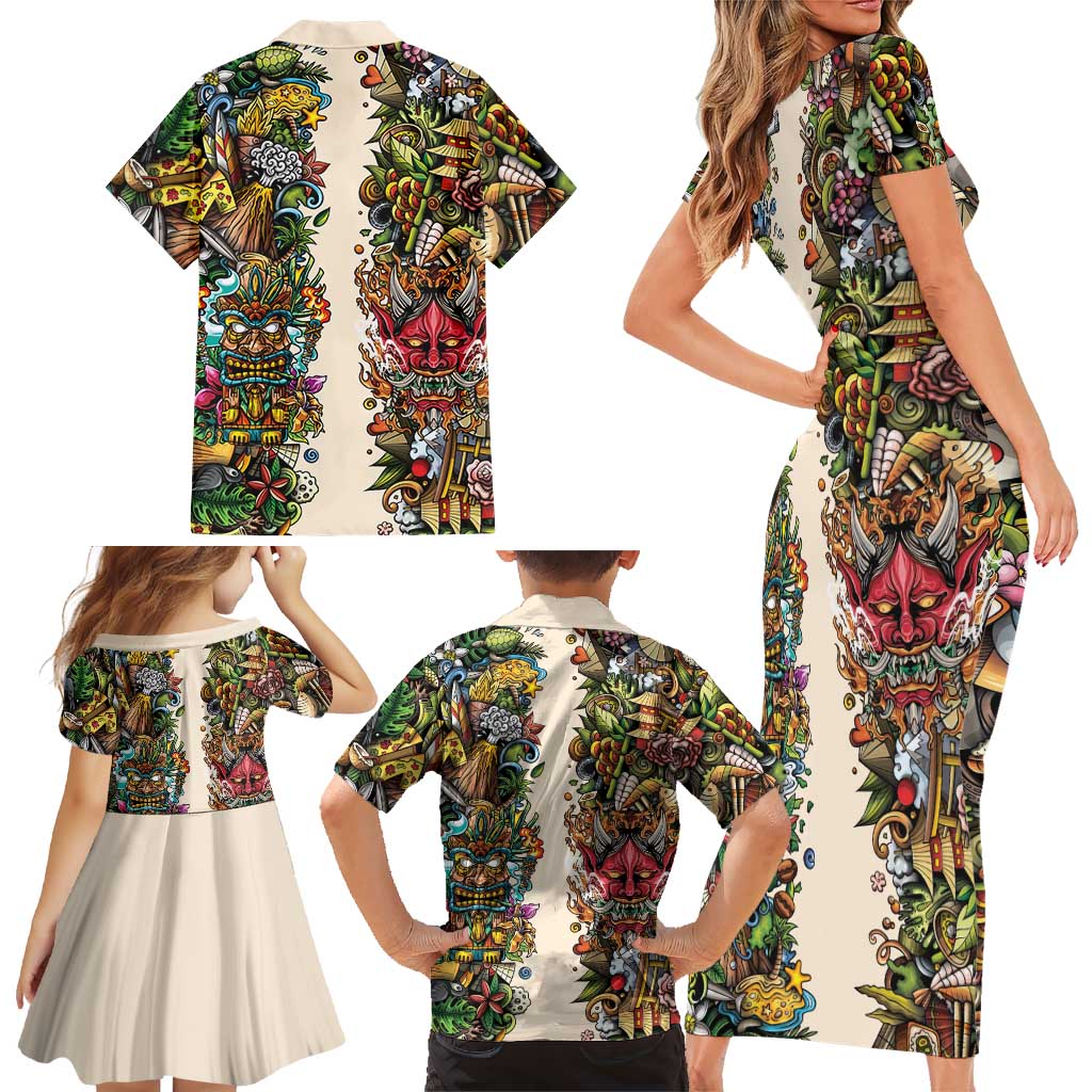 Hawaii And Japan Family Matching Short Sleeve Bodycon Dress and Hawaiian Shirt Tiki With Oni Mask LT05 - Polynesian Pride