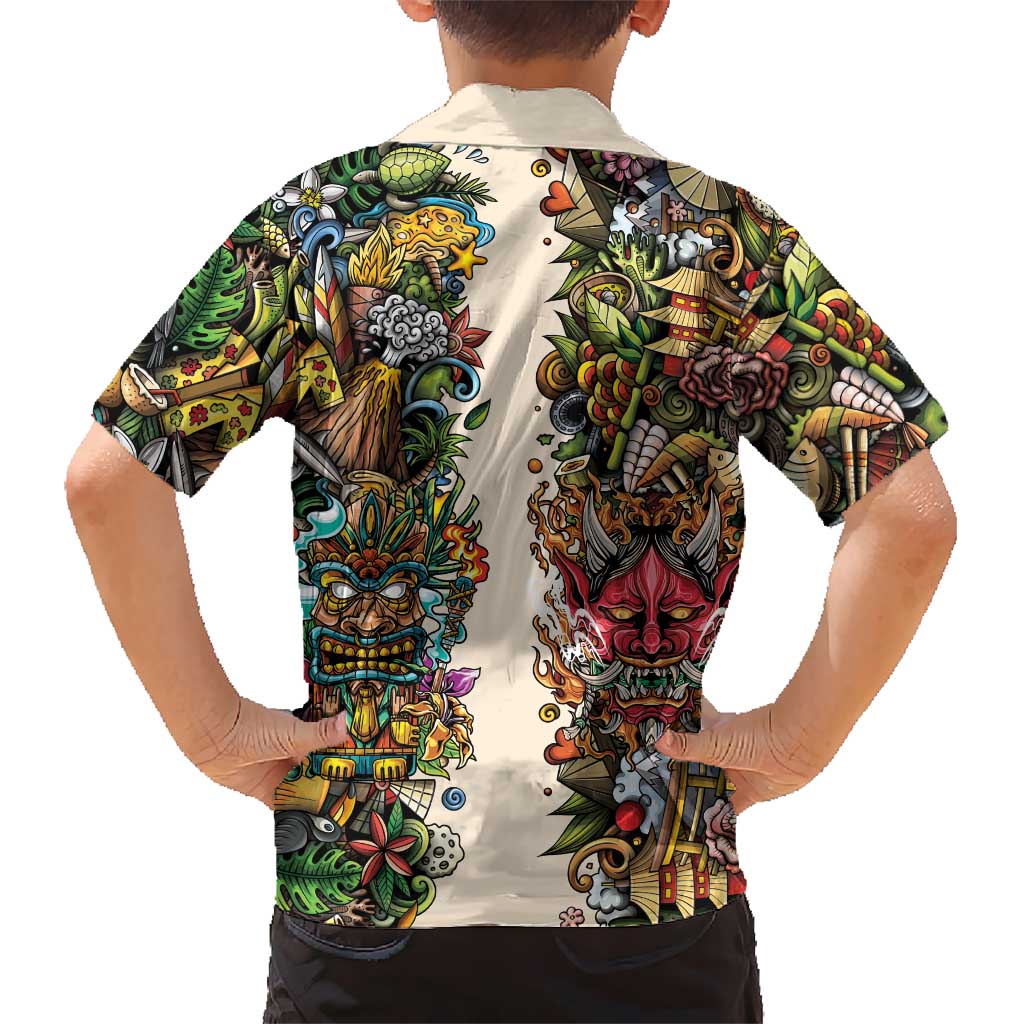 Hawaii And Japan Kid Hawaiian Shirt Tiki With Oni Mask - Polynesian Pride
