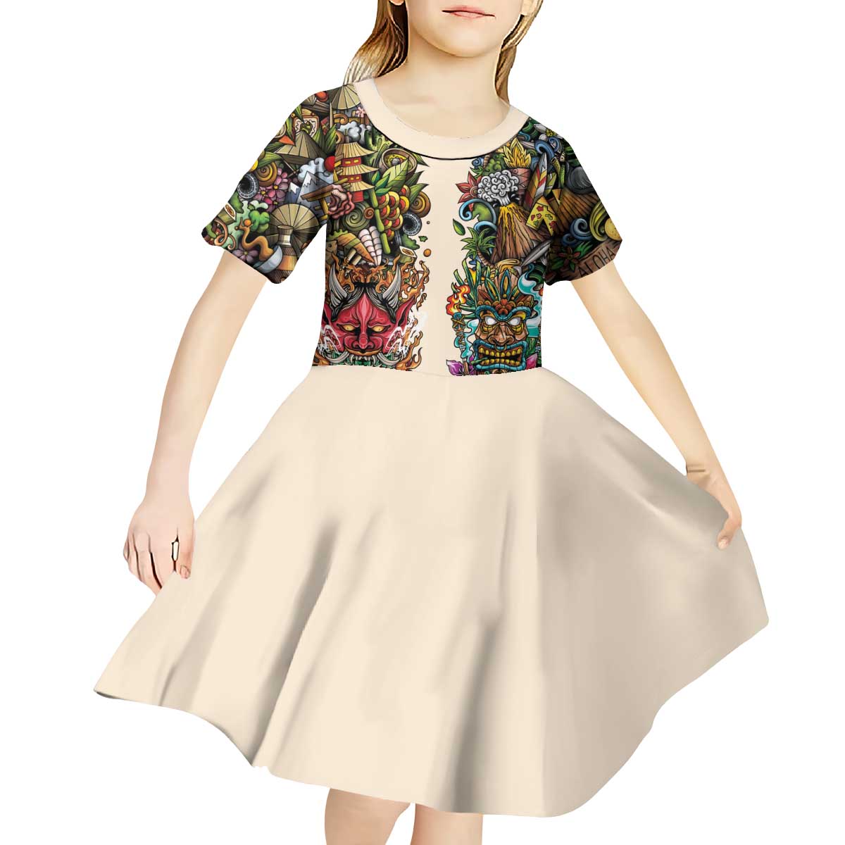 Hawaii And Japan Kid Short Sleeve Dress Tiki With Oni Mask - Polynesian Pride