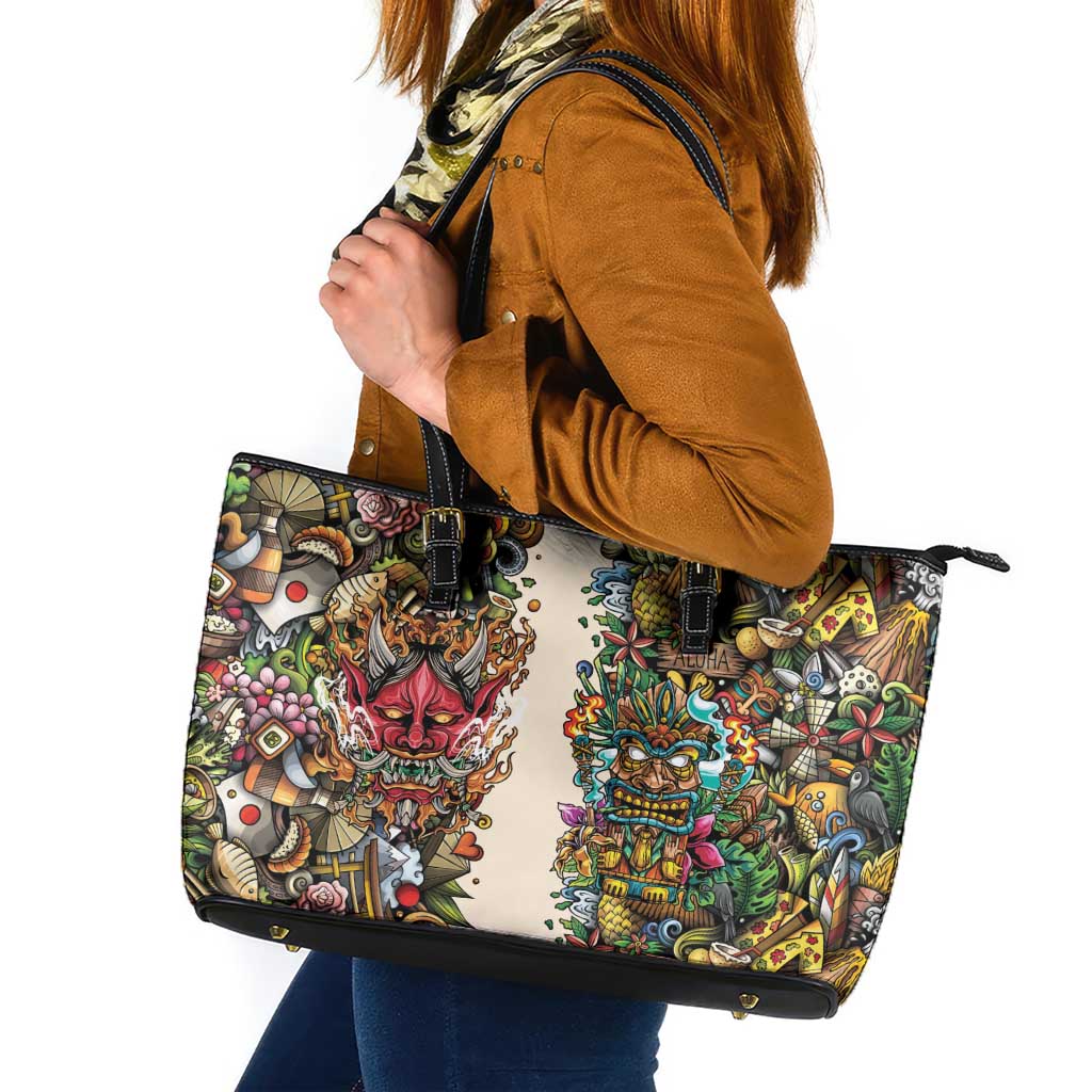 Hawaii And Japan Leather Tote Bag Tiki With Oni Mask - Polynesian Pride