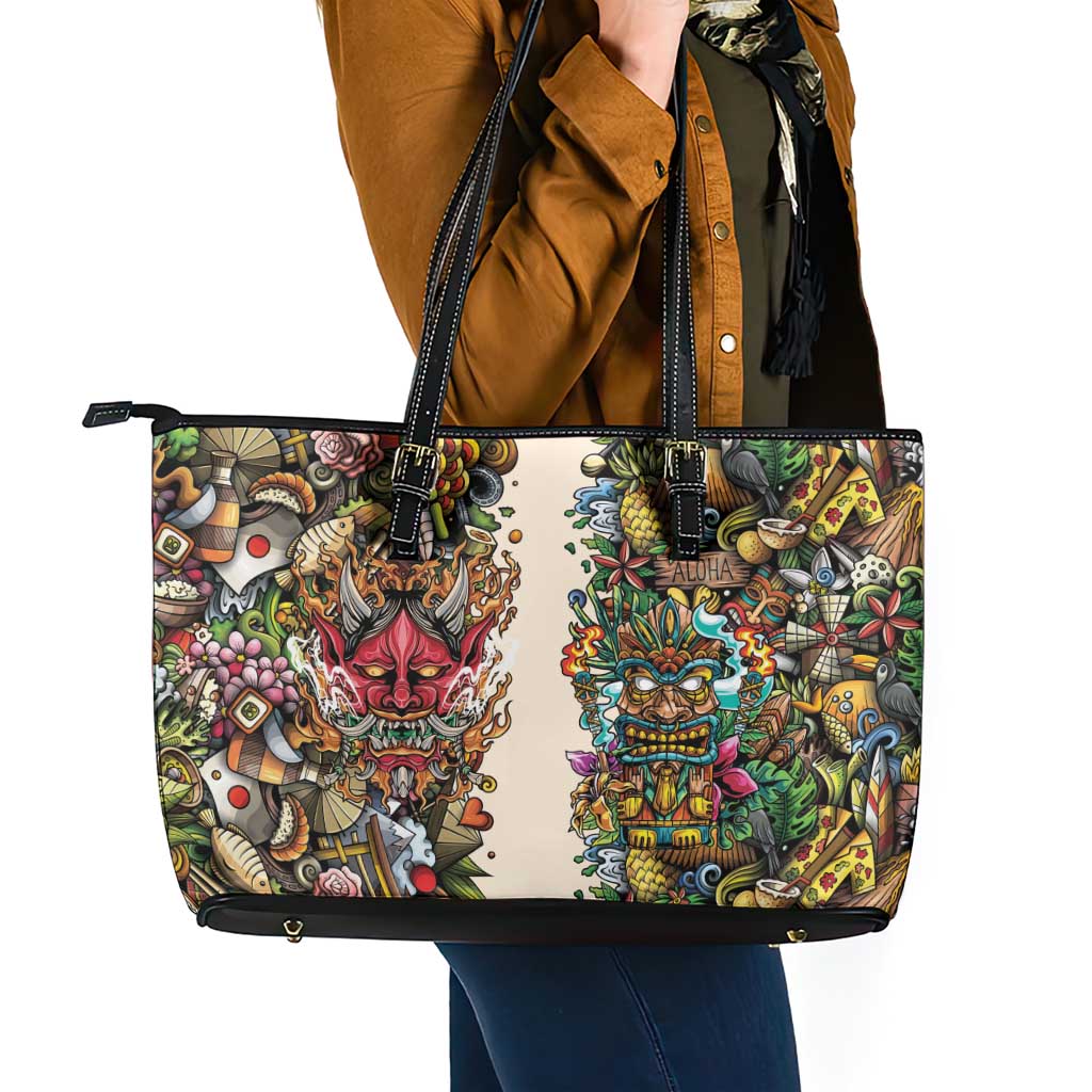 Hawaii And Japan Leather Tote Bag Tiki With Oni Mask - Polynesian Pride