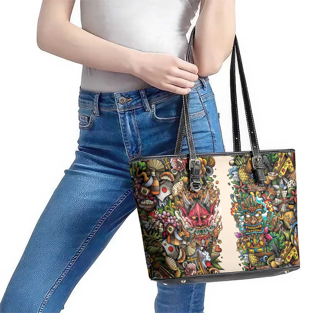 Hawaii And Japan Leather Tote Bag Tiki With Oni Mask - Polynesian Pride