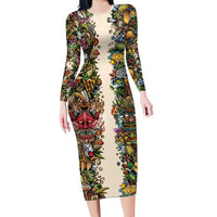 Hawaii And Japan Long Sleeve Bodycon Dress Tiki With Oni Mask - Polynesian Pride