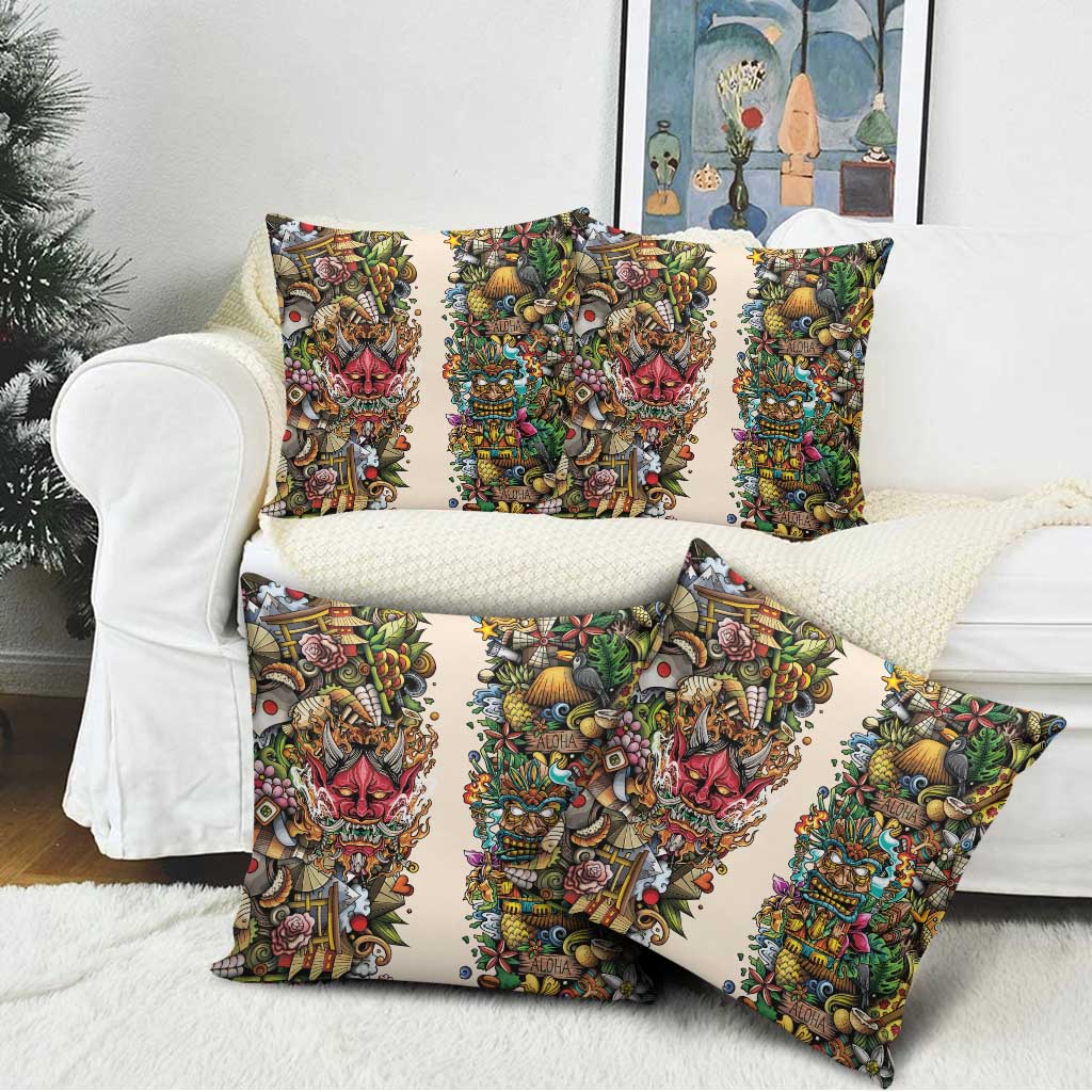 Hawaii And Japan Pillow Cover Tiki With Oni Mask - Polynesian Pride