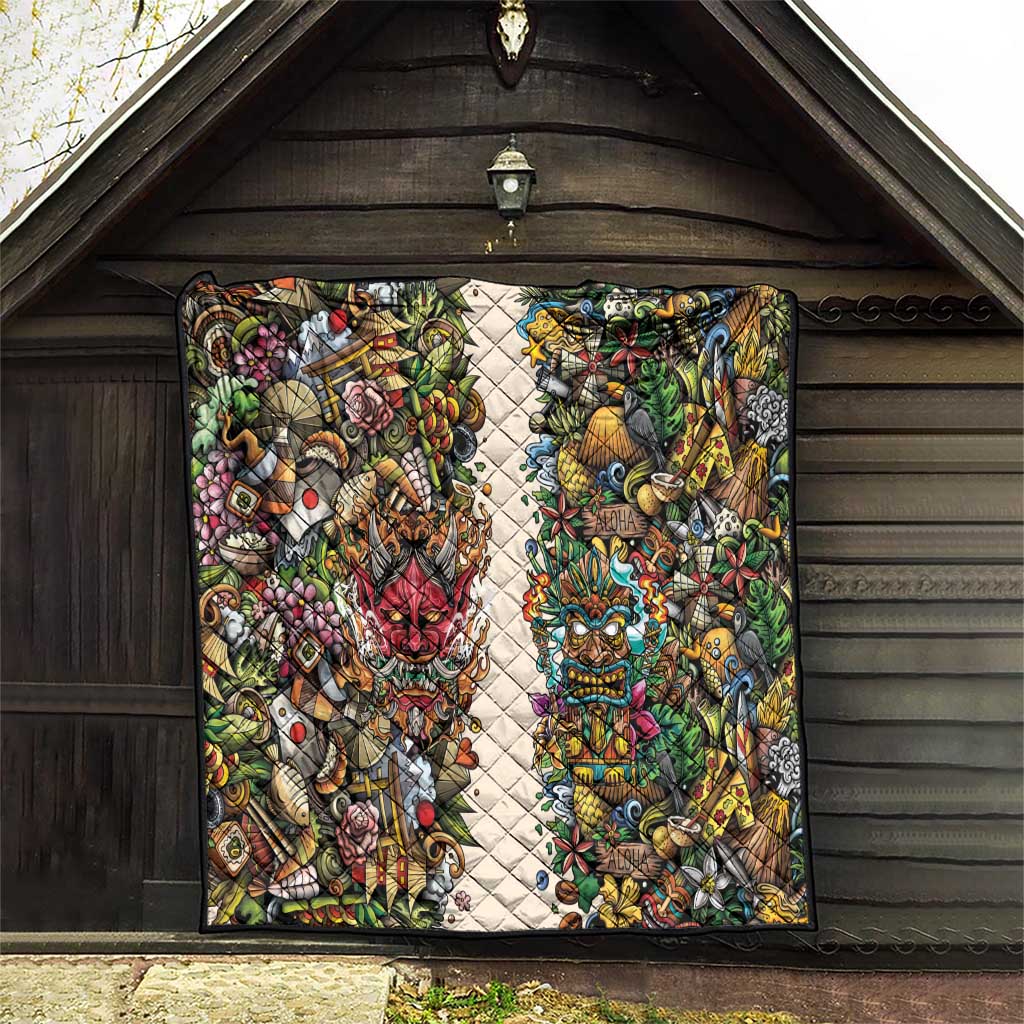 Hawaii And Japan Quilt Tiki With Oni Mask - Polynesian Pride