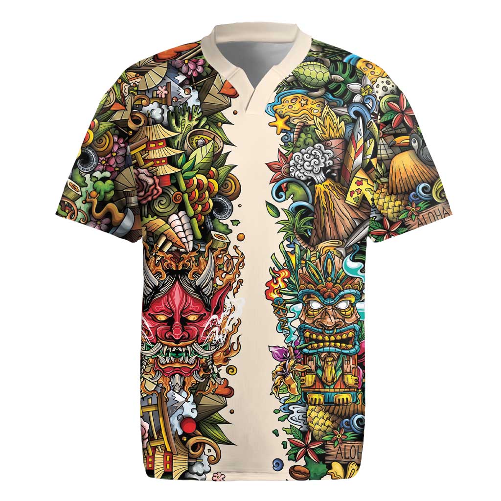 Hawaii And Japan Rugby Jersey Tiki With Oni Mask - Polynesian Pride