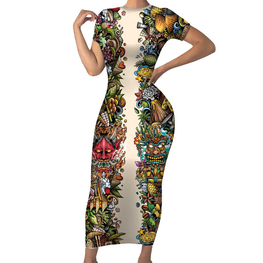 Hawaii And Japan Short Sleeve Bodycon Dress Tiki With Oni Mask - Polynesian Pride