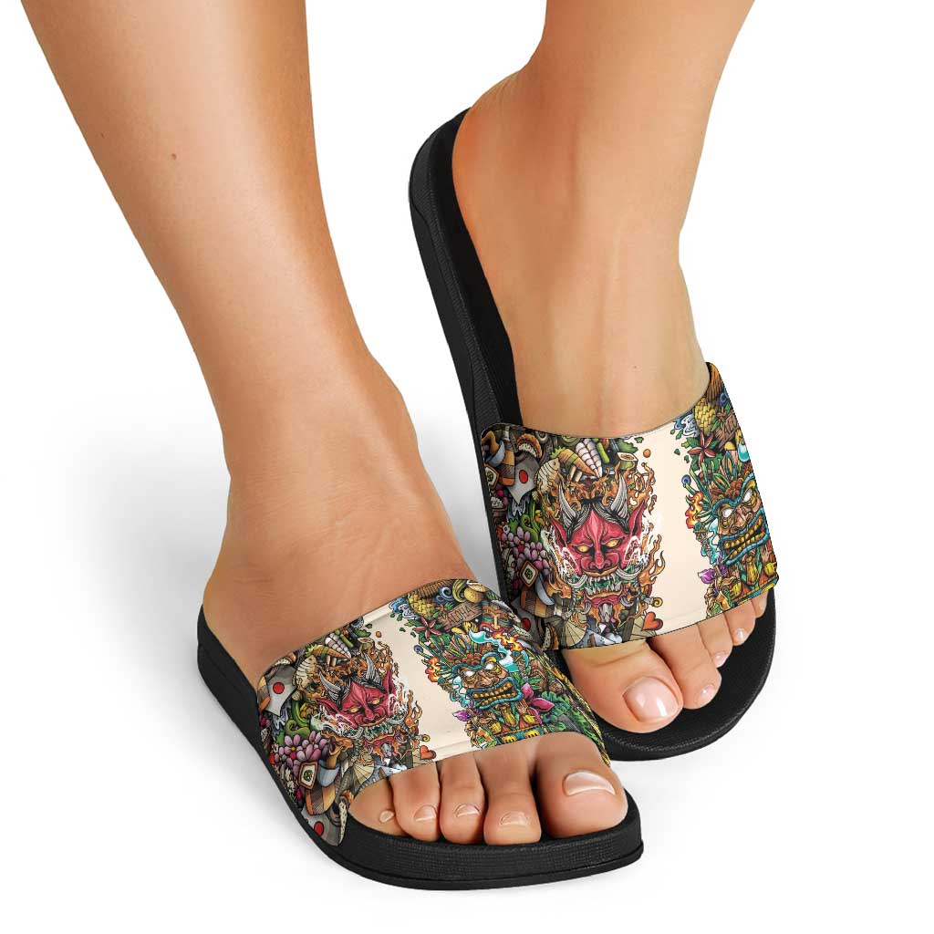 Hawaii And Japan Slide Sandals Tiki With Oni Mask - Polynesian Pride