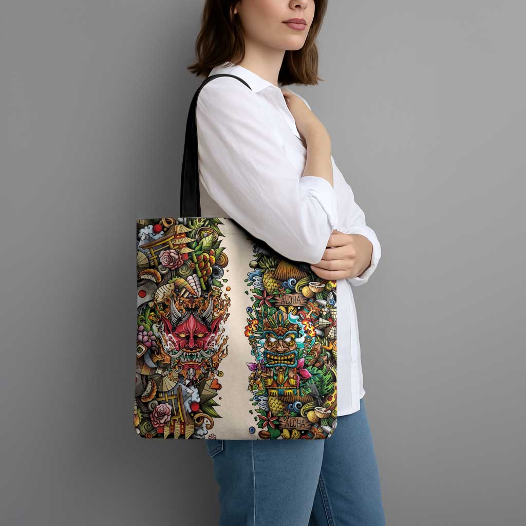Hawaii And Japan Tote Bag Tiki With Oni Mask - Polynesian Pride