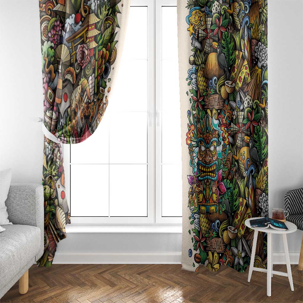Hawaii And Japan Window Curtain Tiki With Oni Mask - Polynesian Pride