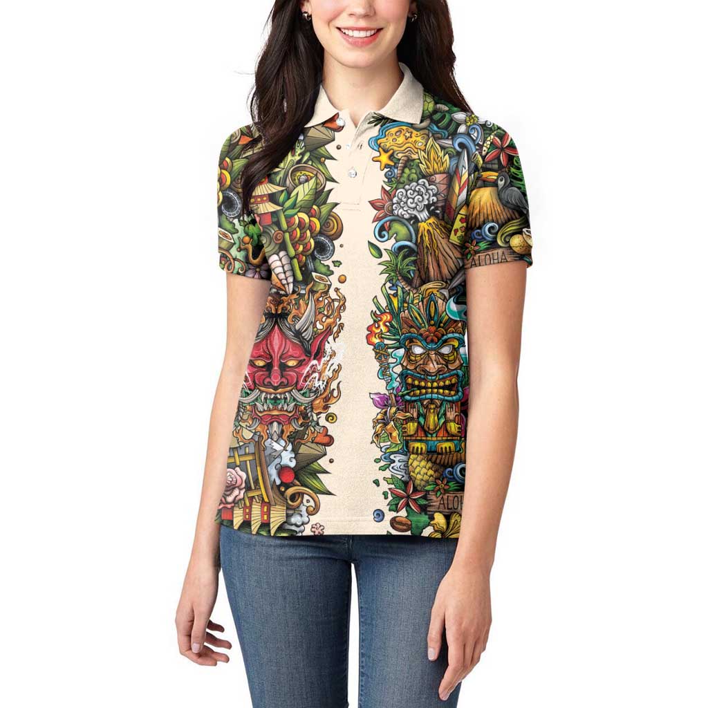 Hawaii And Japan Women Polo Shirt Tiki With Oni Mask - Polynesian Pride