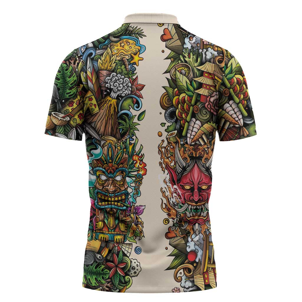 Hawaii And Japan Zipper Polo Shirt Tiki With Oni Mask - Polynesian Pride