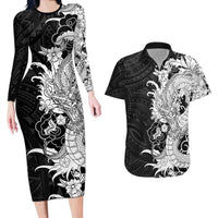 Hawaiian And Japanese Culture Couples Matching Long Sleeve Bodycon Dress and Hawaiian Shirt Irezumi Dragon With Polynesian Pattern Black LT05 Black - Polynesian Pride