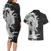 Hawaiian And Japanese Culture Couples Matching Long Sleeve Bodycon Dress and Hawaiian Shirt Irezumi Dragon With Polynesian Pattern Black LT05 - Polynesian Pride