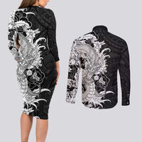 Hawaiian And Japanese Culture Couples Matching Long Sleeve Bodycon Dress and Long Sleeve Button Shirt Irezumi Dragon With Polynesian Pattern Black LT05 - Polynesian Pride