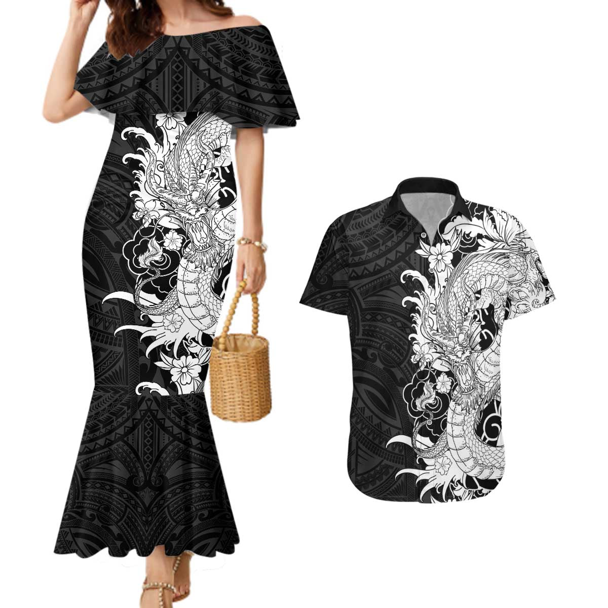 Hawaiian And Japanese Culture Couples Matching Mermaid Dress and Hawaiian Shirt Irezumi Dragon With Polynesian Pattern Black LT05 Black - Polynesian Pride