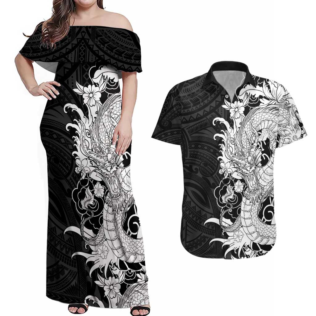 Hawaiian And Japanese Culture Couples Matching Off Shoulder Maxi Dress and Hawaiian Shirt Irezumi Dragon With Polynesian Pattern Black - Polynesian Pride