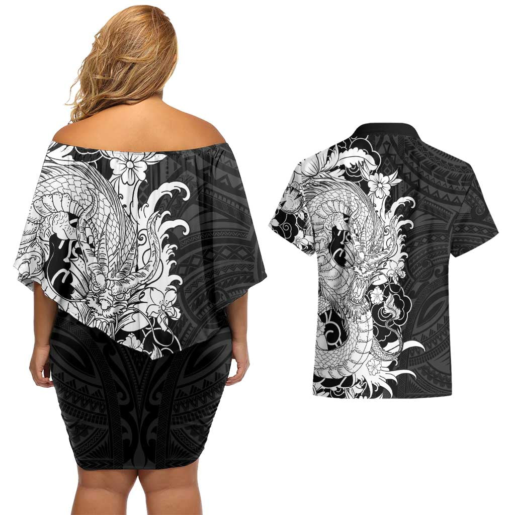 Hawaiian And Japanese Culture Couples Matching Off Shoulder Short Dress and Hawaiian Shirt Irezumi Dragon With Polynesian Pattern Black - Polynesian Pride