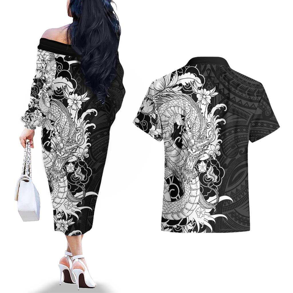 Hawaiian And Japanese Culture Couples Matching Off The Shoulder Long Sleeve Dress and Hawaiian Shirt Irezumi Dragon With Polynesian Pattern Black LT05 - Polynesian Pride