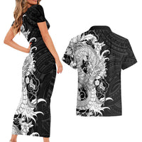 Hawaiian And Japanese Culture Couples Matching Short Sleeve Bodycon Dress and Hawaiian Shirt Irezumi Dragon With Polynesian Pattern Black LT05 - Polynesian Pride