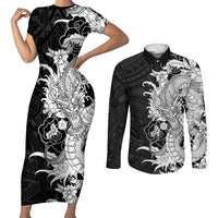 Hawaiian And Japanese Culture Couples Matching Short Sleeve Bodycon Dress and Long Sleeve Button Shirt Irezumi Dragon With Polynesian Pattern Black LT05 Black - Polynesian Pride