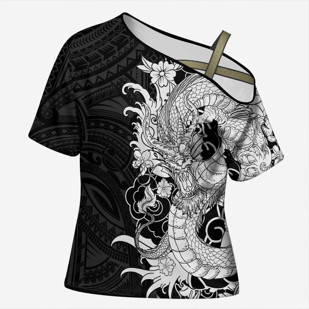 Hawaiian And Japanese Culture Cross Shoulder Shirt Irezumi Dragon With Polynesian Pattern Black - Polynesian Pride