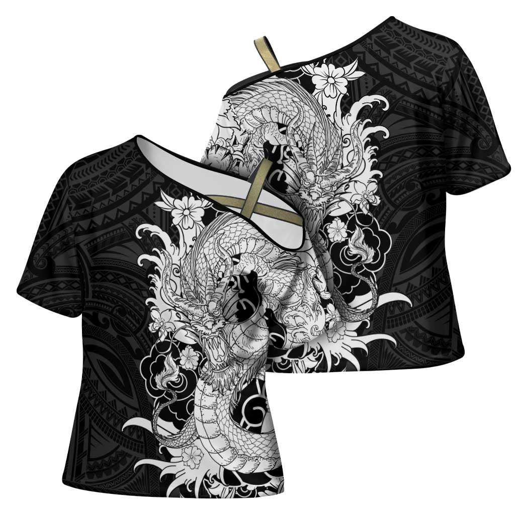 Hawaiian And Japanese Culture Cross Shoulder Shirt Irezumi Dragon With Polynesian Pattern Black - Polynesian Pride