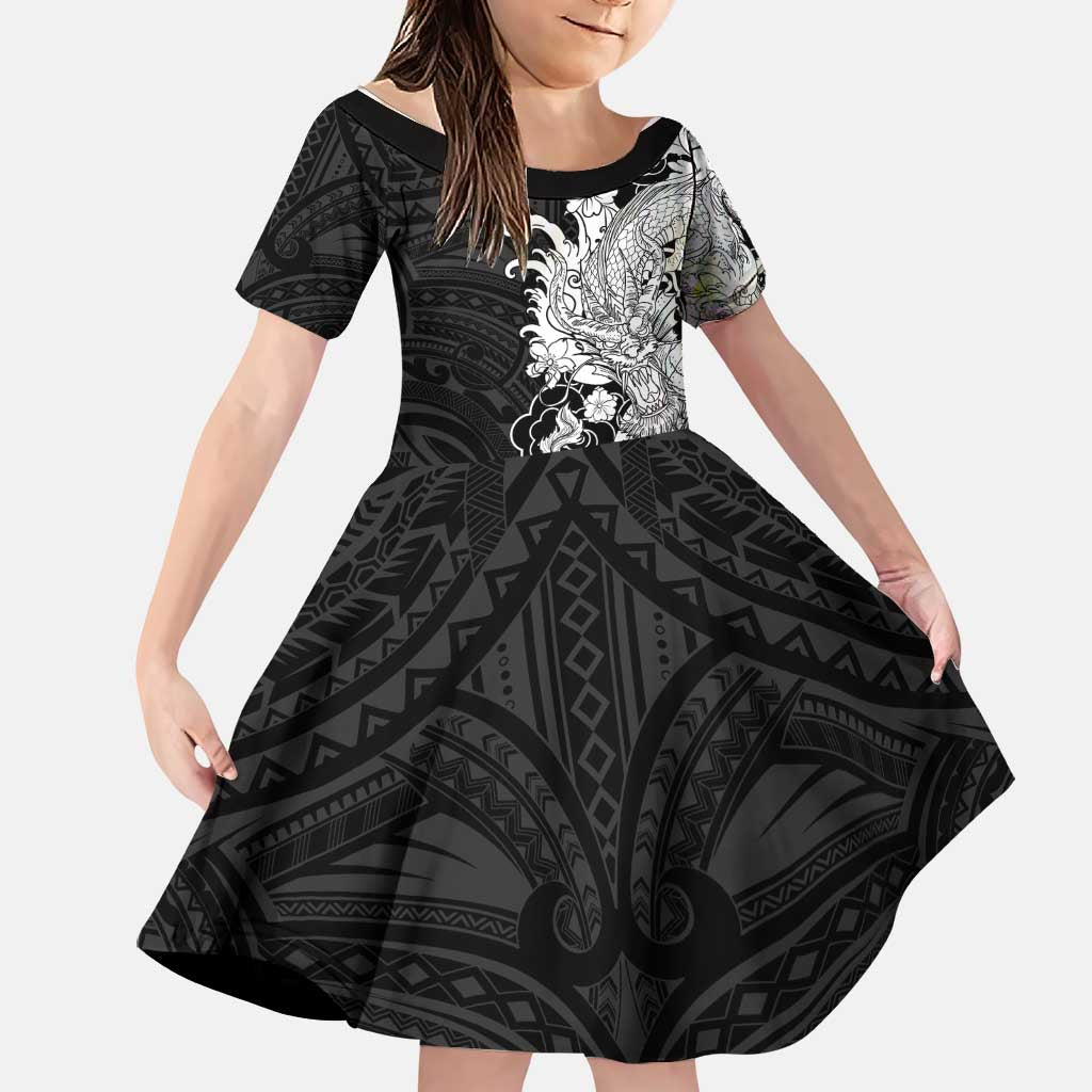 Hawaiian And Japanese Culture Family Matching Off The Shoulder Long Sleeve Dress and Hawaiian Shirt Irezumi Dragon With Polynesian Pattern Black LT05 Daughter's Dress Black - Polynesian Pride