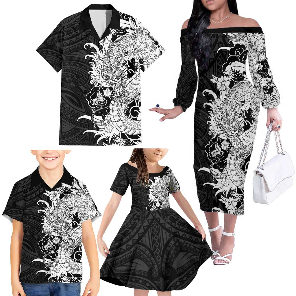 Hawaiian And Japanese Culture Family Matching Off The Shoulder Long Sleeve Dress and Hawaiian Shirt Irezumi Dragon With Polynesian Pattern Black LT05 - Polynesian Pride