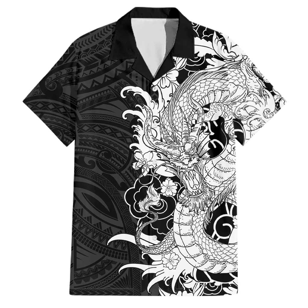 Hawaiian And Japanese Culture Family Matching Off The Shoulder Long Sleeve Dress and Hawaiian Shirt Irezumi Dragon With Polynesian Pattern Black LT05 Dad's Shirt - Short Sleeve Black - Polynesian Pride