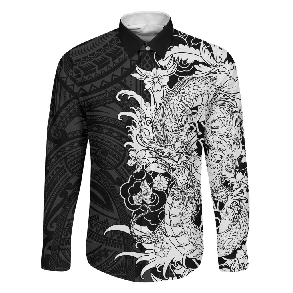 Hawaiian And Japanese Culture Family Matching Off Shoulder Maxi Dress and Hawaiian Shirt Irezumi Dragon With Polynesian Pattern Black LT05 Dad's Shirt - Long Sleeve Black - Polynesian Pride