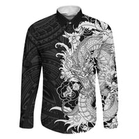 Hawaiian And Japanese Culture Family Matching Off Shoulder Maxi Dress and Hawaiian Shirt Irezumi Dragon With Polynesian Pattern Black LT05 Dad's Shirt - Long Sleeve Black - Polynesian Pride