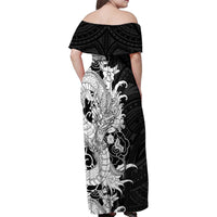 Hawaiian And Japanese Culture Family Matching Off Shoulder Maxi Dress and Hawaiian Shirt Irezumi Dragon With Polynesian Pattern Black LT05 - Polynesian Pride