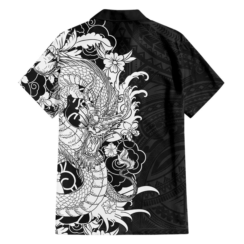 Hawaiian And Japanese Culture Family Matching Off Shoulder Short Dress and Hawaiian Shirt Irezumi Dragon With Polynesian Pattern Black LT05 - Polynesian Pride