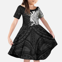 Hawaiian And Japanese Culture Family Matching Puletasi and Hawaiian Shirt Irezumi Dragon With Polynesian Pattern Black LT05 Daughter's Dress Black - Polynesian Pride